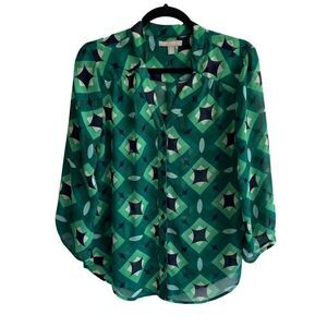 BANANA REPUBLIC Button Front Long Sleeve Blouse Geometric Print Pattern Green S